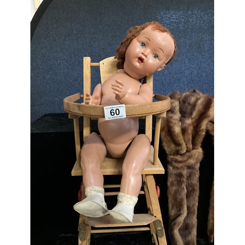 60 - VINTAGE DOLLS METAMORPHIC HIGH CHAIR, VINTAGE DOLL, FUR STOALS