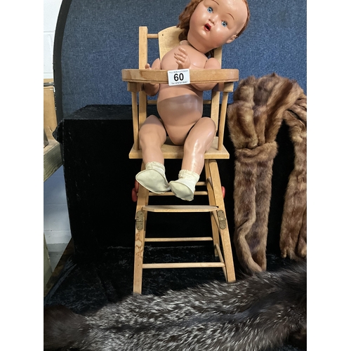 60 - VINTAGE DOLLS METAMORPHIC HIGH CHAIR, VINTAGE DOLL, FUR STOALS