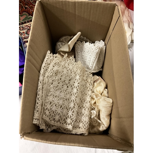 94 - BOX OF SILK VINTAGE SCARFS, MATERIAL ETC