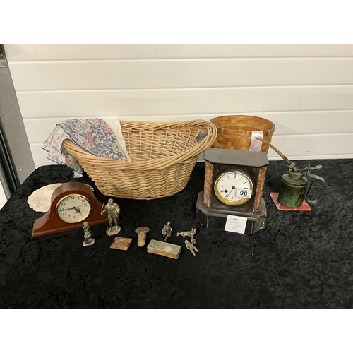 96 - BASKET AND CONTENTS TO INCLUDE VICTORIAN MARBLE CLOCK, METAL FIGURES, OIL CAN ETC