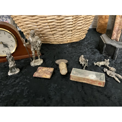 96 - BASKET AND CONTENTS TO INCLUDE VICTORIAN MARBLE CLOCK, METAL FIGURES, OIL CAN ETC