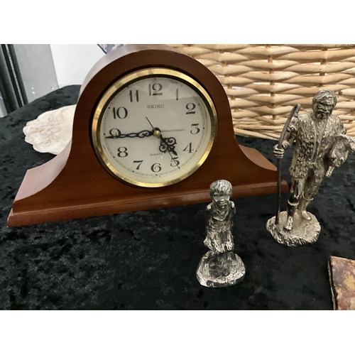 96 - BASKET AND CONTENTS TO INCLUDE VICTORIAN MARBLE CLOCK, METAL FIGURES, OIL CAN ETC