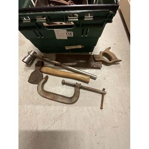 116 - CRATE OF TOOLS AND HARDWARE