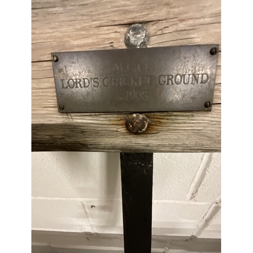 121 - VINTAGE METAL AND WOODEN GARDEN BENCH WITH BRASS PLAQUE FOR LORDS CRICKET GROUND 1908 - LENGTH 72