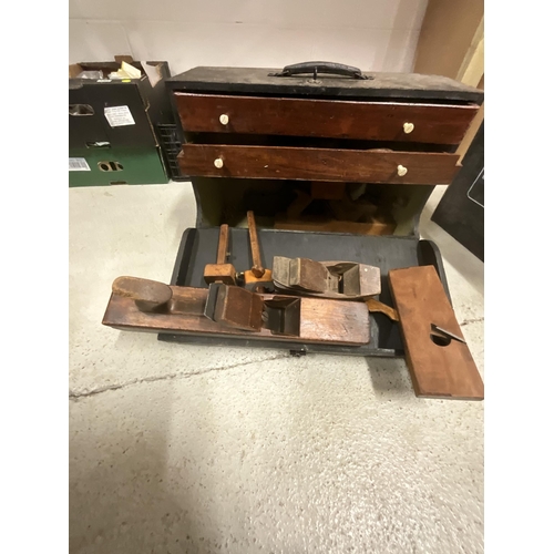 141 - CARPENTERS TOOL BOX AND 3 CRATES OF VICTORIAN AND LATER TOOLS TO INCLUDE PLANES ETC