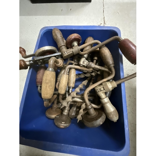 141 - CARPENTERS TOOL BOX AND 3 CRATES OF VICTORIAN AND LATER TOOLS TO INCLUDE PLANES ETC