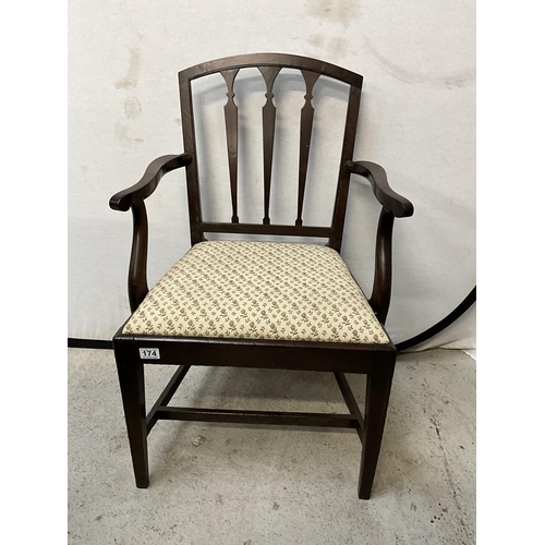 174 - EARLY OAK ARMCHAIR WITH UPHOLSTERED SEAT