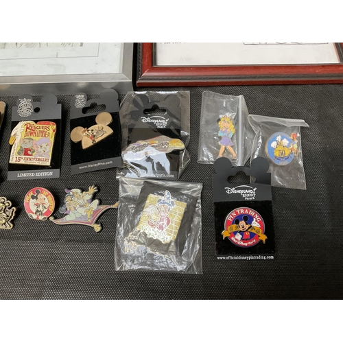 191 - COLLECTION OF DISNEY BADGES, TIES ETC AND 2 PICTURES