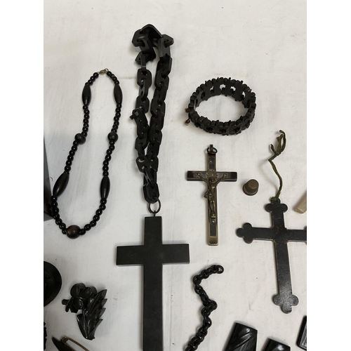 211 - QTY OF BLACK WOODEN JEWELLERY RELIGIOUS CROSSES, ETC