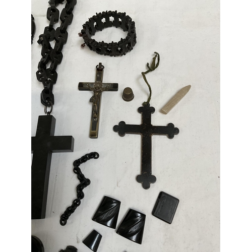 211 - QTY OF BLACK WOODEN JEWELLERY RELIGIOUS CROSSES, ETC