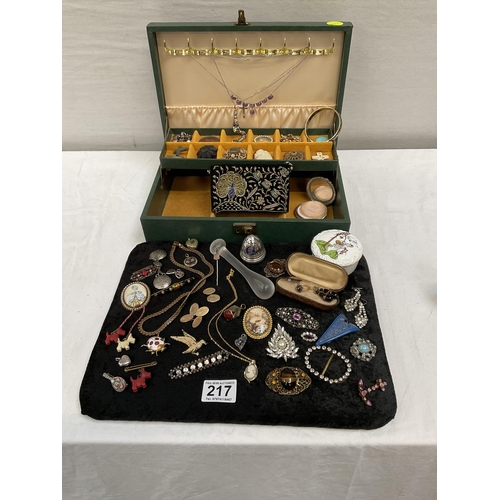 217 - JEWELLERY BOX TO INCLUDE VICTORIAN AND LATER COSTUME JEWELLERY ETC