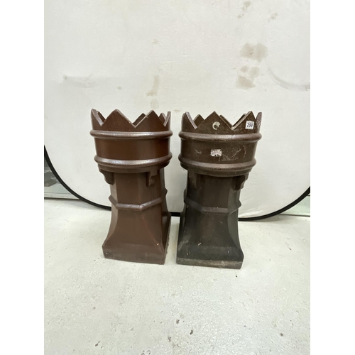 299 - PAIR OF BROWN TREACLE GLAZED VICTORIAN CROWN TOPPED CHIMNEY POTS - A/F H29