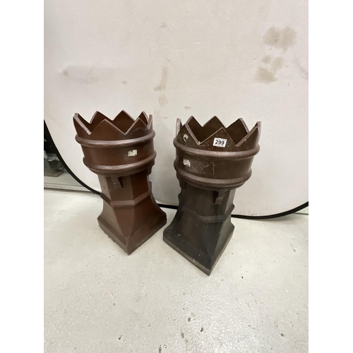 299 - PAIR OF BROWN TREACLE GLAZED VICTORIAN CROWN TOPPED CHIMNEY POTS - A/F H29