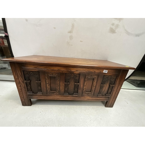 300 - DARK OAK PRIORY STYLE 4 PANEL BLANKET BOX OR COFFER H21