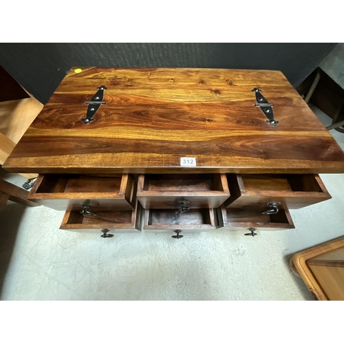 312 - MODERN ACACIA WOOD COFFEE TABLE WITH 6 DRAWERS AND STORAGE H16