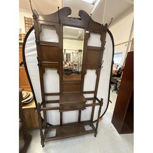 349 - VINTAGE OAK HALLSTAND WITH CENTRAL MIRROR OVER SINGLE DRAWER COMPLETE WITH DRIP TRAYS H82