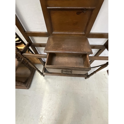 349 - VINTAGE OAK HALLSTAND WITH CENTRAL MIRROR OVER SINGLE DRAWER COMPLETE WITH DRIP TRAYS H82