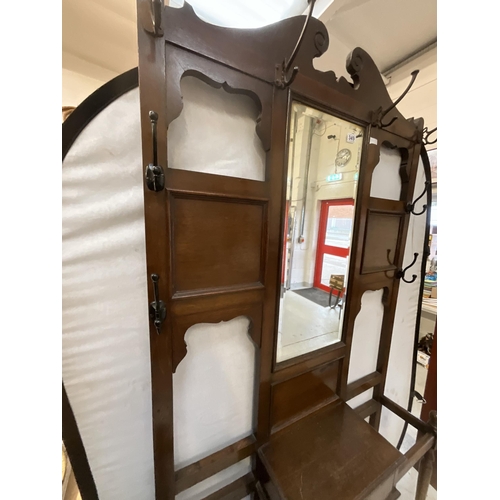 349 - VINTAGE OAK HALLSTAND WITH CENTRAL MIRROR OVER SINGLE DRAWER COMPLETE WITH DRIP TRAYS H82