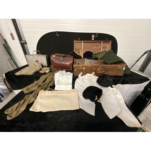 384 - VINTAGE LEATHER SUITCASE, BRIEFCASE AND AMMUNITION BOX