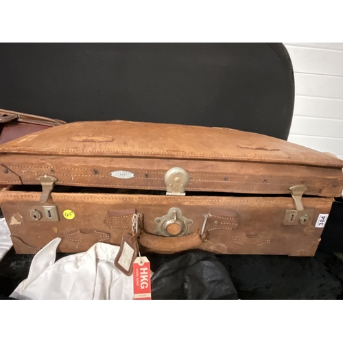 384 - VINTAGE LEATHER SUITCASE, BRIEFCASE AND AMMUNITION BOX