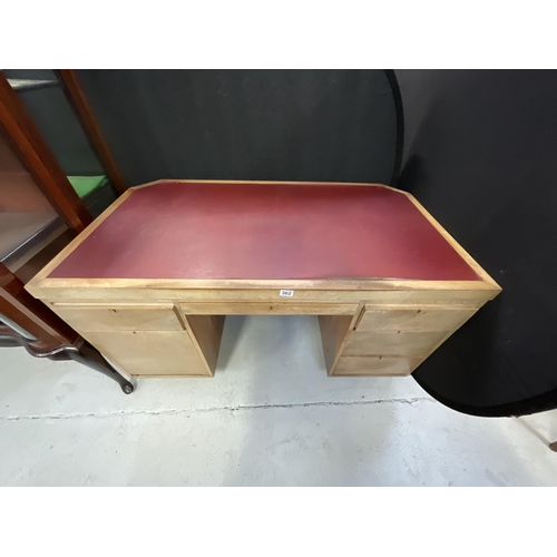 362 - ART DECO TWIN PEDESTAL KNEEHOLE DESK WITH 6 DRAWERS AND RED LEATHER INSET TOP H30