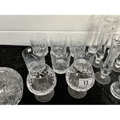 13 - BOX OF GLASSES TO INCLUDE CUT GLASS , DECANTER, WINE GLASSES ETC