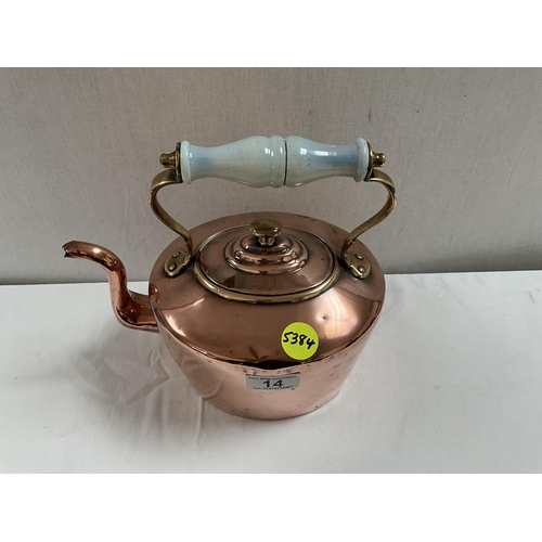 14 - VICTORIAN COPPER KETTLE WITH CHINA HANDLE