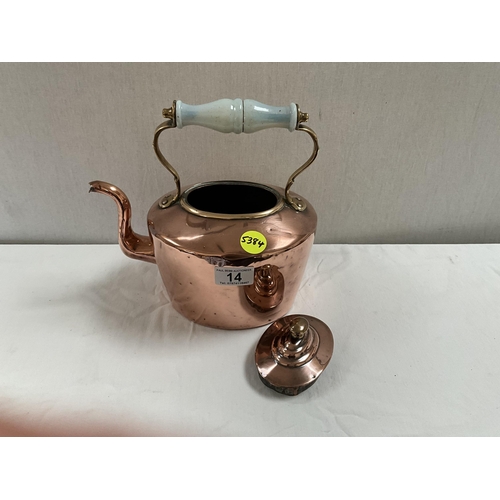 14 - VICTORIAN COPPER KETTLE WITH CHINA HANDLE