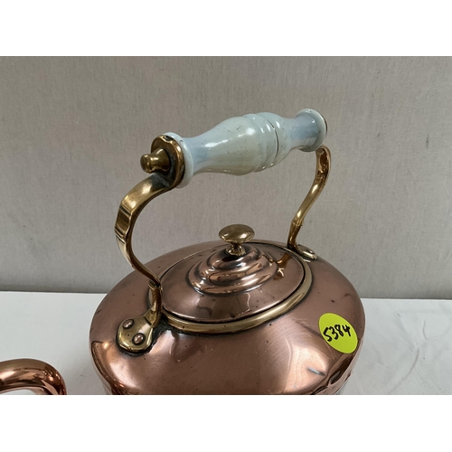 14 - VICTORIAN COPPER KETTLE WITH CHINA HANDLE