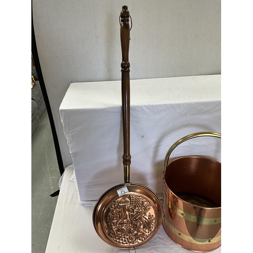 17 - COPPER WARMING PAN, COPPER COAL BUCKET ETC