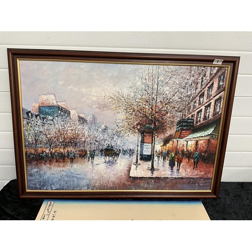 6 - 2 PICTURES - 1 OIL PAINTING PARIS SCENE AND CANVAS PRINT MOUNT FUJI - 40