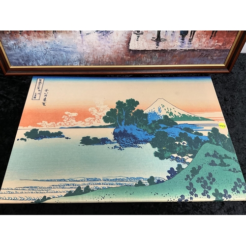 6 - 2 PICTURES - 1 OIL PAINTING PARIS SCENE AND CANVAS PRINT MOUNT FUJI - 40