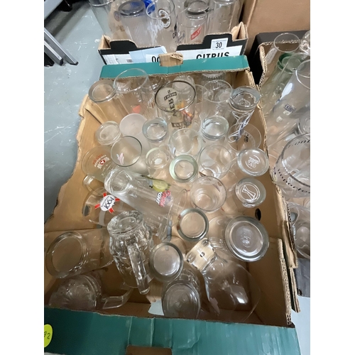 30 - 4 BOXES OF GLASSWARE TO INCLUDE ADVERTISING GLASS