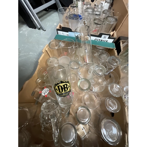 30 - 4 BOXES OF GLASSWARE TO INCLUDE ADVERTISING GLASS