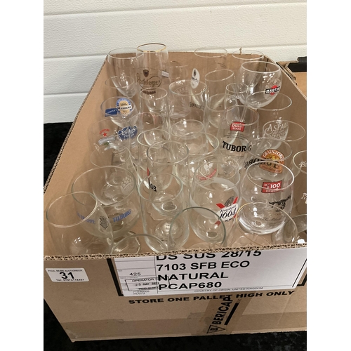 31 - 3 BOXES OF GLASSWARE TO INCLUDE ADVERTISING BEER GLASSES