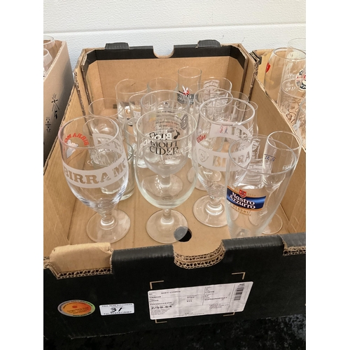 31 - 3 BOXES OF GLASSWARE TO INCLUDE ADVERTISING BEER GLASSES