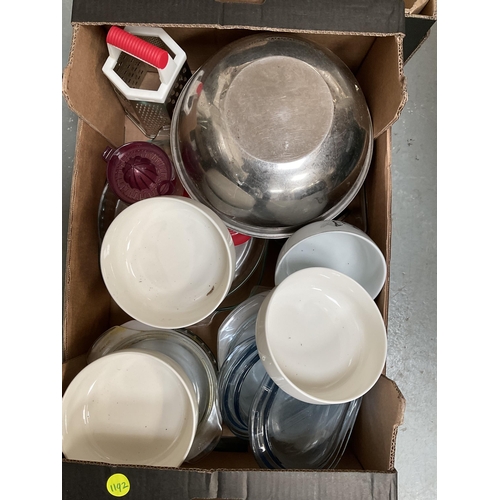 46 - 4 BOXES OF ODDS TO INCLUDE MUGS, OVEN DISHES, MIXING BOWLS ETC