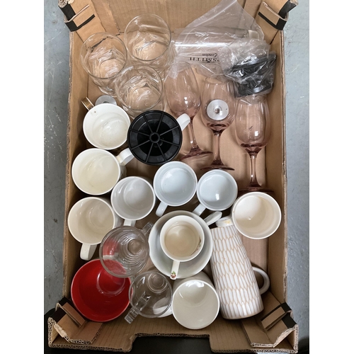 46 - 4 BOXES OF ODDS TO INCLUDE MUGS, OVEN DISHES, MIXING BOWLS ETC