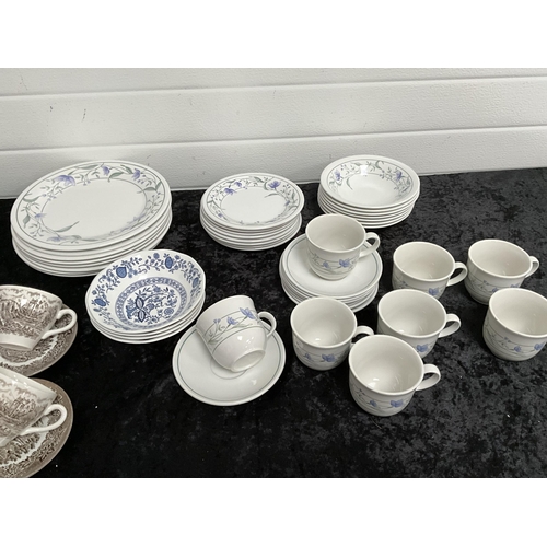 61 - 2 BOXES OF DINNER PLATES, CUPS SAUCERS STAFFORDSHIRE TABLE WARE ETC