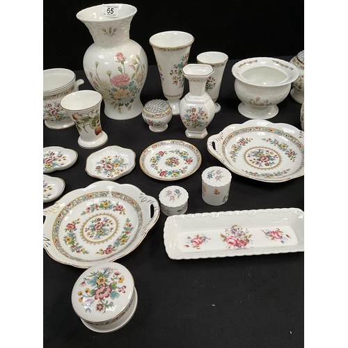 65 - BOX OF COALPORT CHINA INCLUDING VASES, TRINKETS ETC