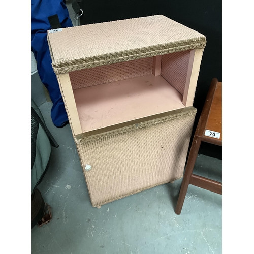 70 - G PLAN LAMP TABLE, WICKER BEDSIDE CUPBOARD AND FOLD OUT SIDE TABLE