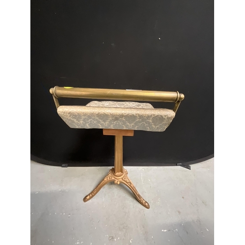 103 - CAST BASE WITH BRASS BACK RAIL PIANO STOOL WITH UPHOLSTERED SEAT H24