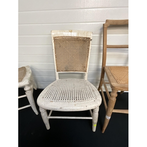 131 - 2 PAINTED BERGERE STYLE CHAIRS AND 1 PINE CHAIR WORMED