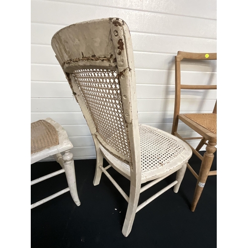 131 - 2 PAINTED BERGERE STYLE CHAIRS AND 1 PINE CHAIR WORMED