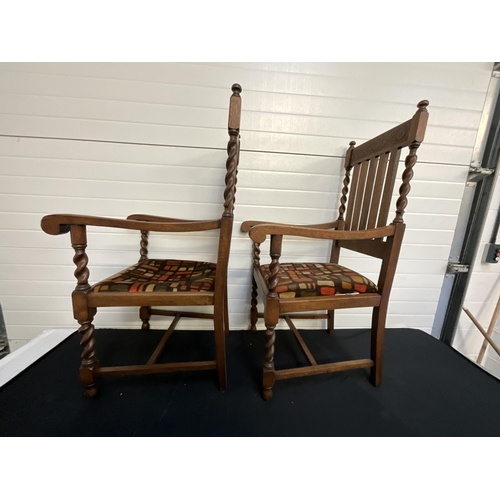 135 - PAIR OF OAK ARMCHAIRS WITH BARLEYTWIST SUPPORTS