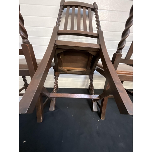 136 - 5 OAK DINING CHAIRS WITH BARLEYTWIST SUPPORTS - 2 ARE SHORTER THAN OTHERS