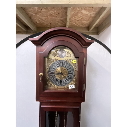 139 - MAHOGANY REPRODUCTION CASED GRANDFATHER CLOCK H74