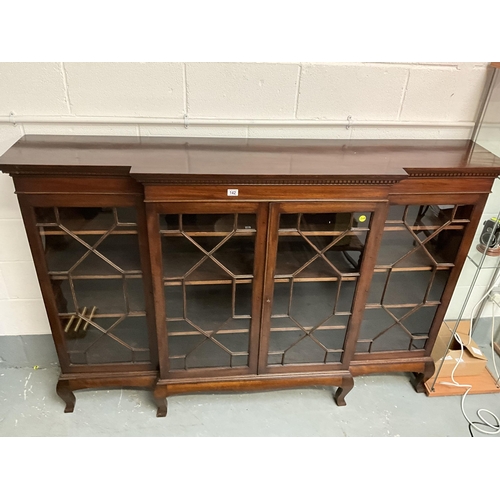 142 - EARLY MAHOGANY BREAKFRONT 4 DOOR ASTRAGAL GLAZED BOOKCASE ON 6 LEGS COMPLETE WITH KEYS H51