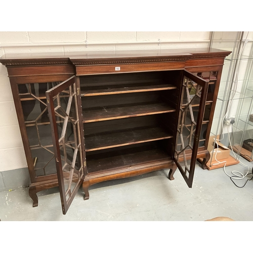 142 - EARLY MAHOGANY BREAKFRONT 4 DOOR ASTRAGAL GLAZED BOOKCASE ON 6 LEGS COMPLETE WITH KEYS H51