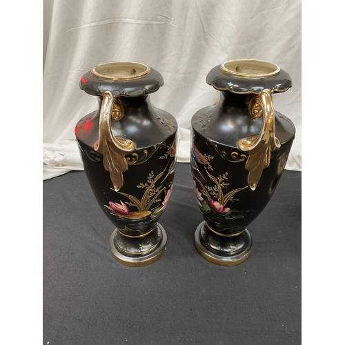 166 - VICTORIAN ALTONWARE BLACK PAINTED WITH BIRD DECORATION GARNIATURE OF VASES
H19